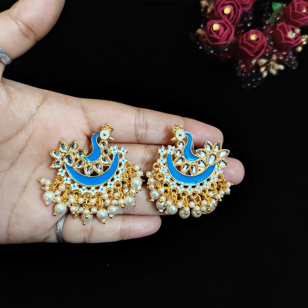 Gold finish Meenakari Kundan Peacock Stud Earrings with Pearl for women traditional look