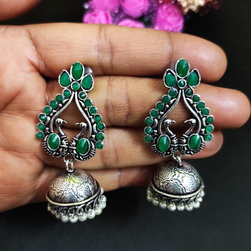 elegant German Silver Oxidised Jhumka Earrings with stone and Pearl for women under 150