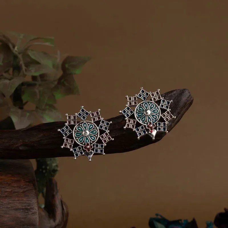 Oxidised Silver Plated Floral Enamel Designed Artwork Stud Earring