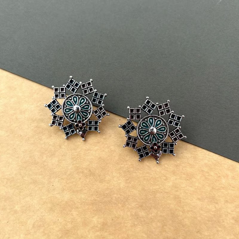 Oxidised Floral Enamel Designed Artwork Stud Earring for women ethnic look Under 150