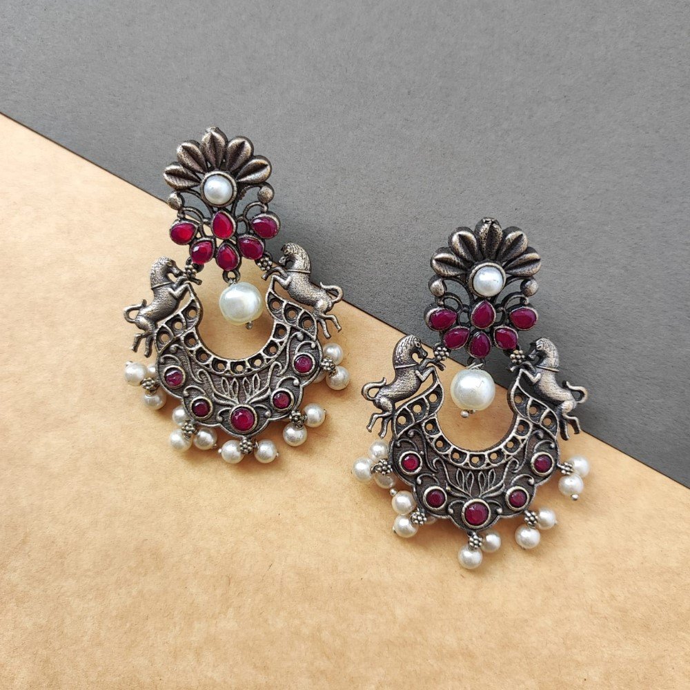 Unique Trendy Horse Design Silver Oxidized Chandbali Earrings with Stone and Pearl for women traditional look under 250
