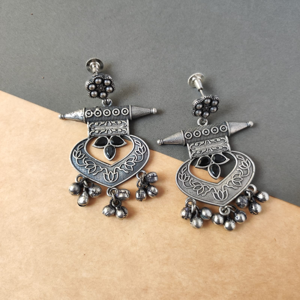 Silver Ghunghru Long Chandbali Earrings