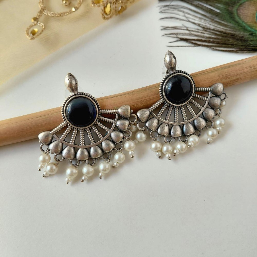 Silver look alike statement Chandbali Earrings