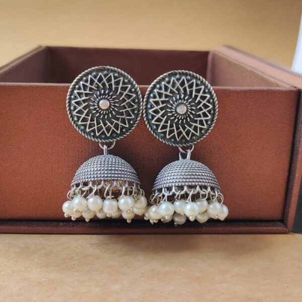 Traditional oxidised earrings with pearl for ethnic wear under 150