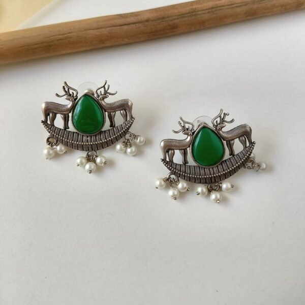 Deer Motif Monalisa Stone Stud Earrings