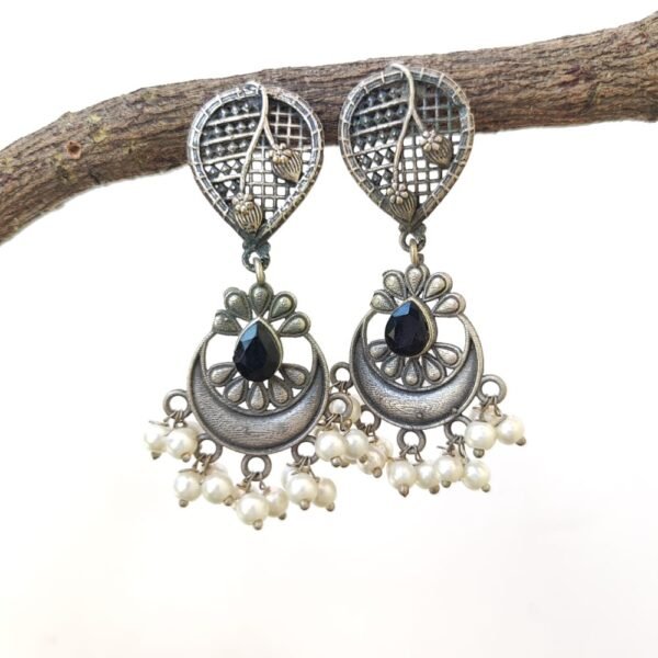 Elegant pearl dangle earrings with oxidised silver for traditional look
