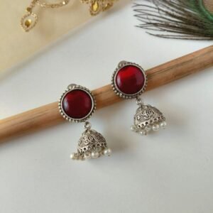 Monalisa Round Maroon stone oxidised silver jhumka earrings with pearl for women ethnic look under 220