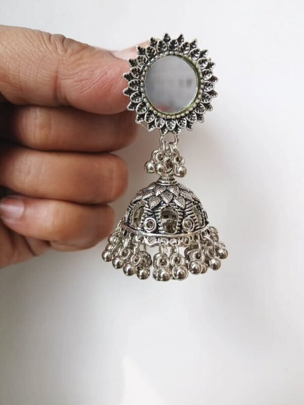 Trendy Silver Oxidised Mirror Jhumka Earrings For Women