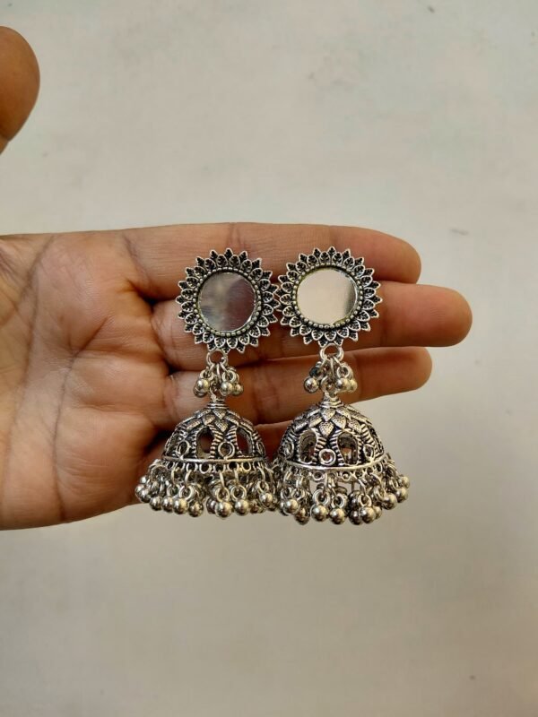 Trendy Silver Oxidised Mirror Jhumka Earrings For Women