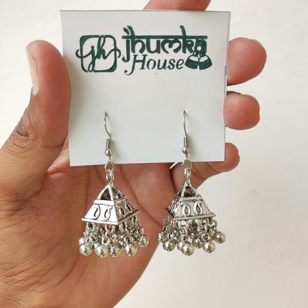 lightweight Silver oxidised triangle design hook jhumka earrings for daily wear
