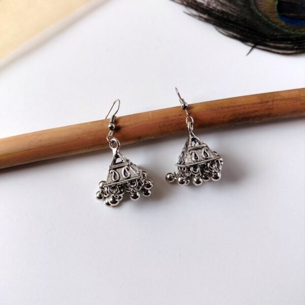 Silver oxidised triangle design hook jhumka earrings for women