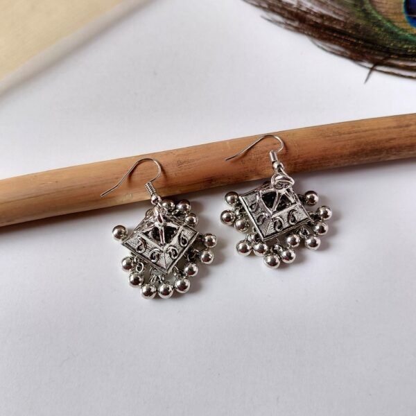 Silver oxidised triangle design hook jhumka earrings for women