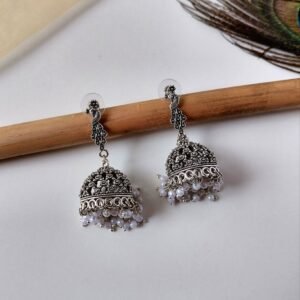 Silver oxidised peacock stud jhumka earrings for women