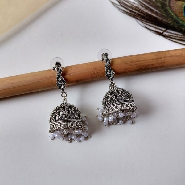 2025/09/1000616403-scaled.jpg Silver oxidised peacock stud jhumka earrings for women