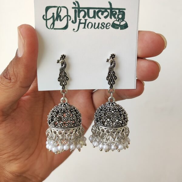 2025/09/1000616406-scaled.jpg Silver oxidised peacock stud jhumka earrings for women