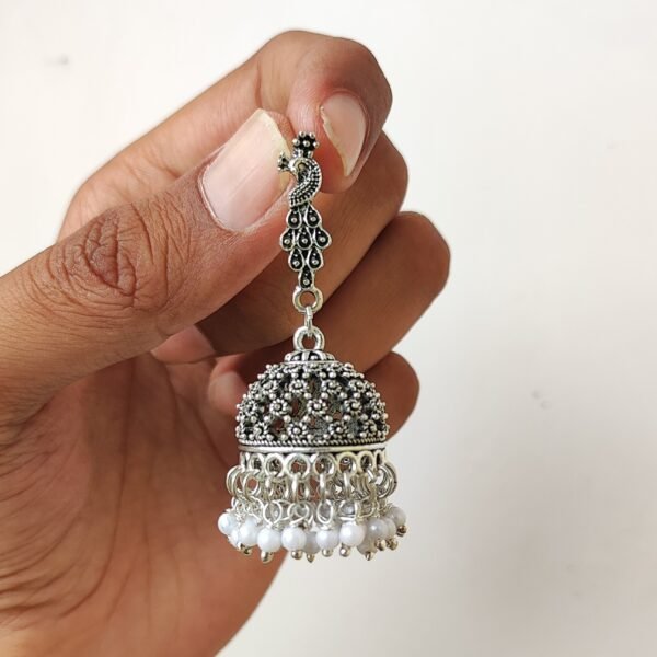 2025/09/1000616407-scaled.jpg Silver oxidised peacock stud jhumka earrings for women