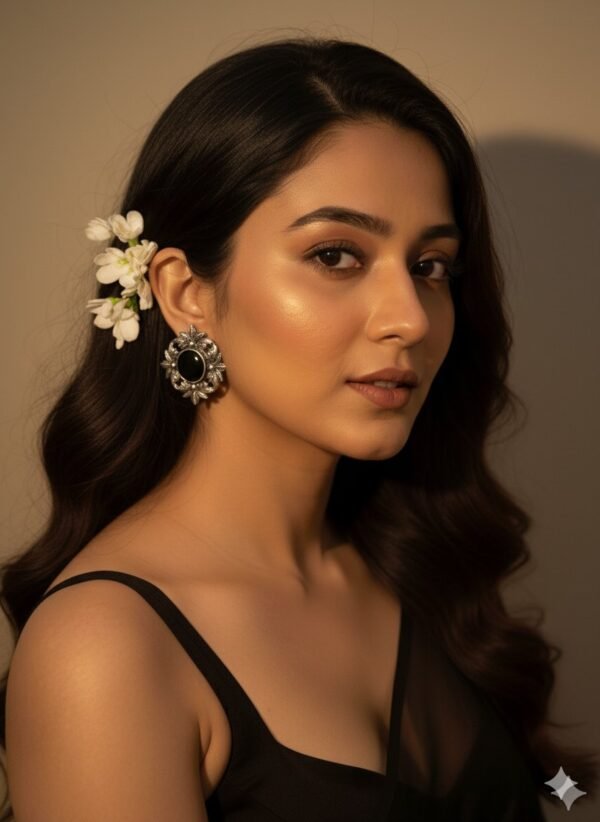 Silver look alike oxidised floral stud earrings for women