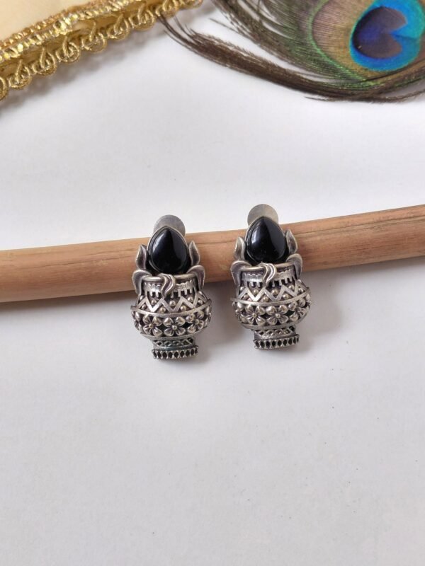 Antique kalash design oxidised silver earrings with monalisa stone centerpiece
