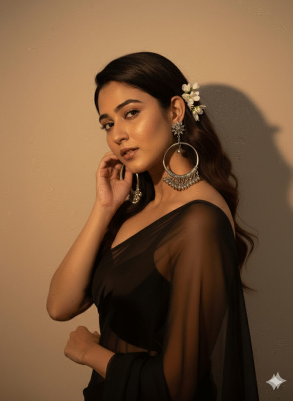 Oxidised Silver floral stud chandbali earrings