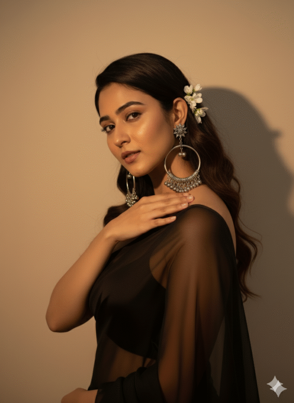 Oxidised Silver floral stud chandbali earrings