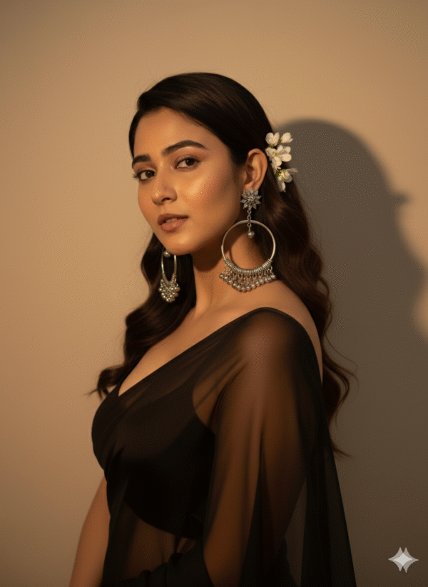 Oxidised Silver floral stud chandbali earrings