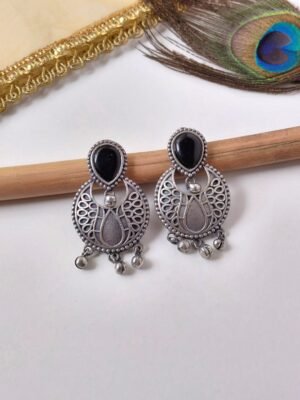 Minimal Oxidised Silver look alike chandbali earrings with stone for women festive occasions under 249