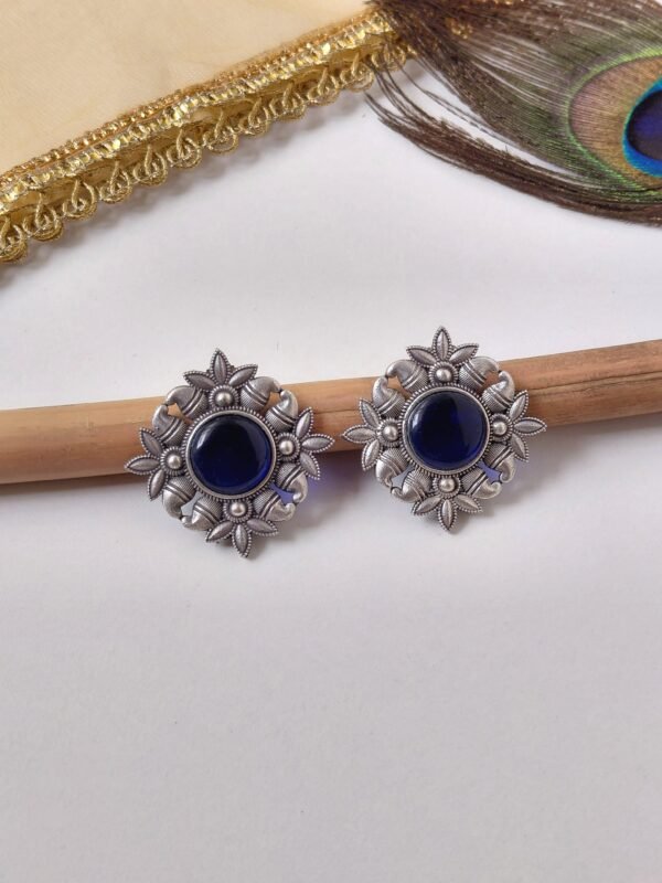Silver look alike oxidised floral stud earrings