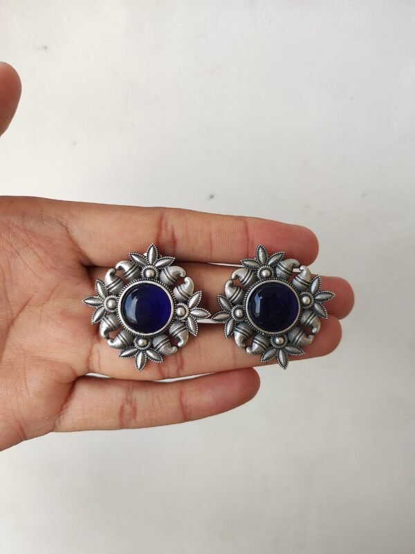 Silver look alike oxidised floral stud earrings