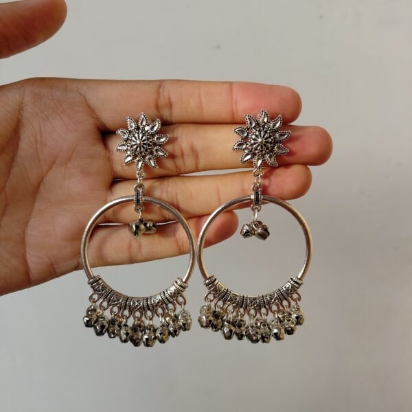 Oxidised Silver floral stud chandbali earrings
