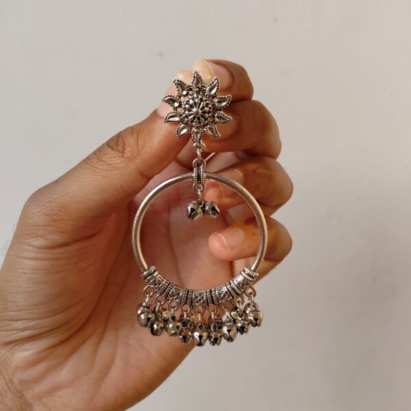 Oxidised Silver floral stud chandbali earrings